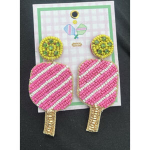 Pickle Ball Earrings Womens Beaded Post Pink Multicolor Preppy Mud‎ Pie  New